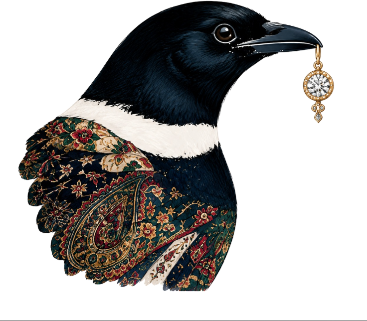 The More n Mine magpie holding a diamond drop earring